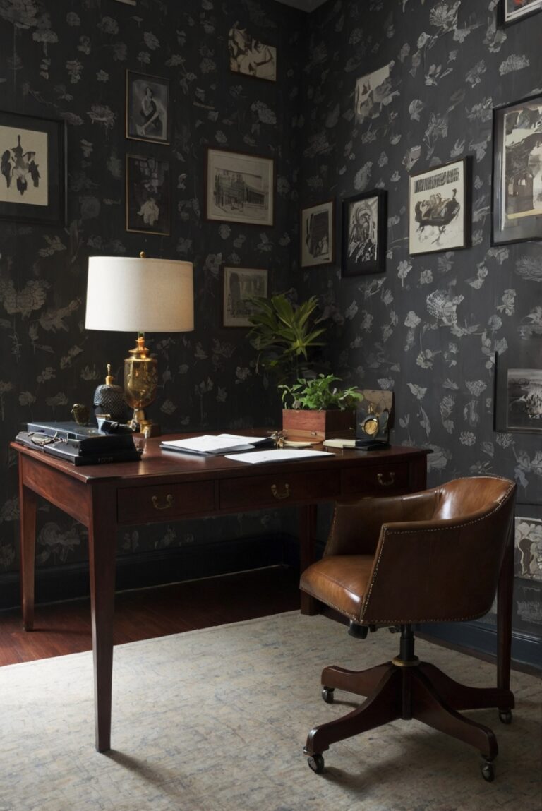 dark wallpaper, home office decor, dramatic home decor, dark interior design, office space design, accent wall decor, bold wall colors