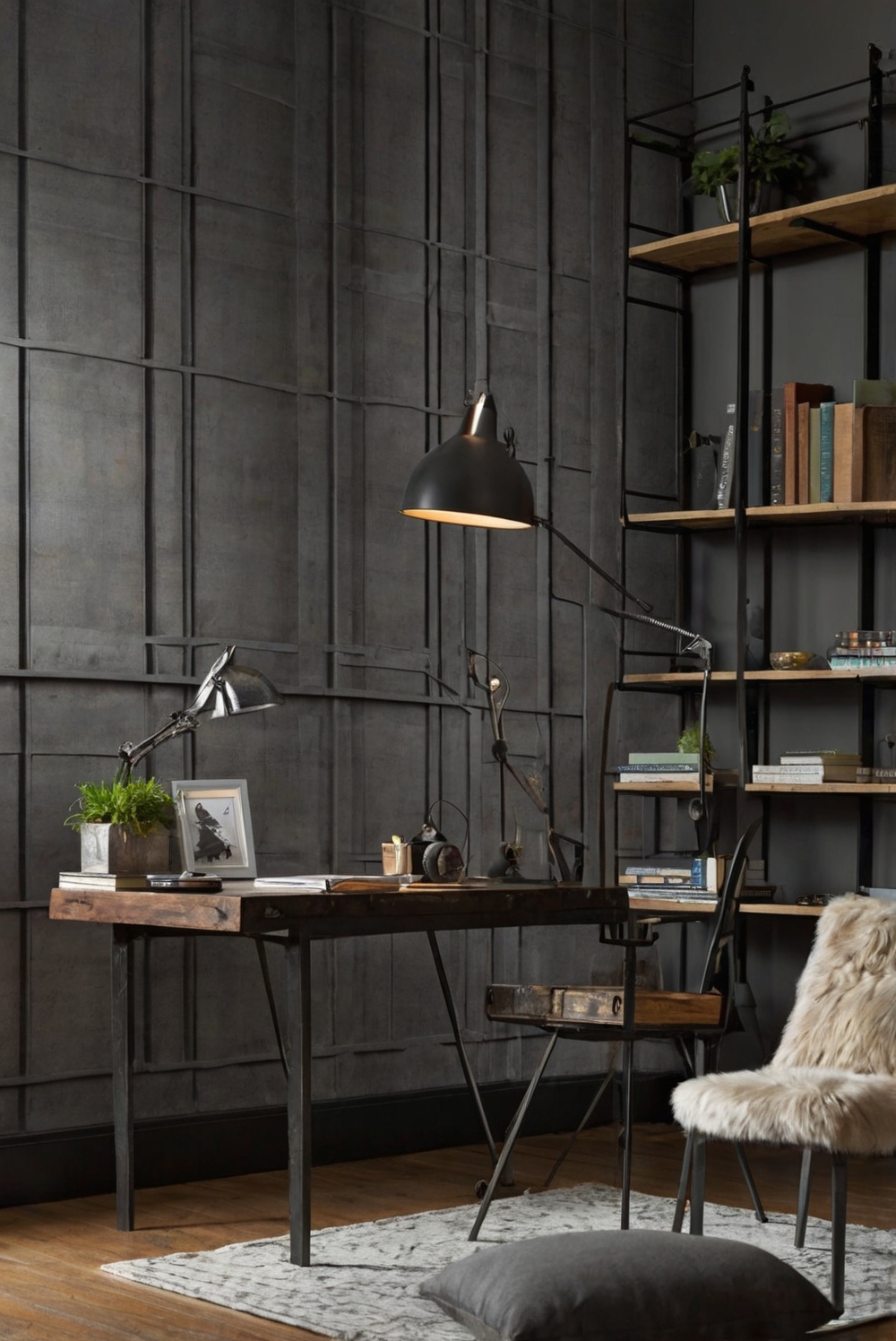 industrial home decor,industrial interior design,wireframe shelving,industrial style wallpaper,exposed brick wallpaper,industrial home office design,metallic wallpaper