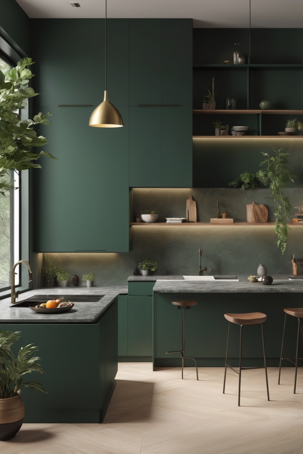 1. Green kitchen cabinets, home interior design 2. Dark green decor, interior design 3. Kitchen space planning, interior design 4. Designer kitchen cabinets, home decor 5. Living room interior design, dark green accents