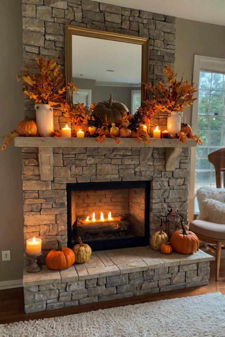 Fall mantel decor, Autumn mantel design, Festive mantel inspiration, Seasonal mantle decorations, Cozy fireplace styling