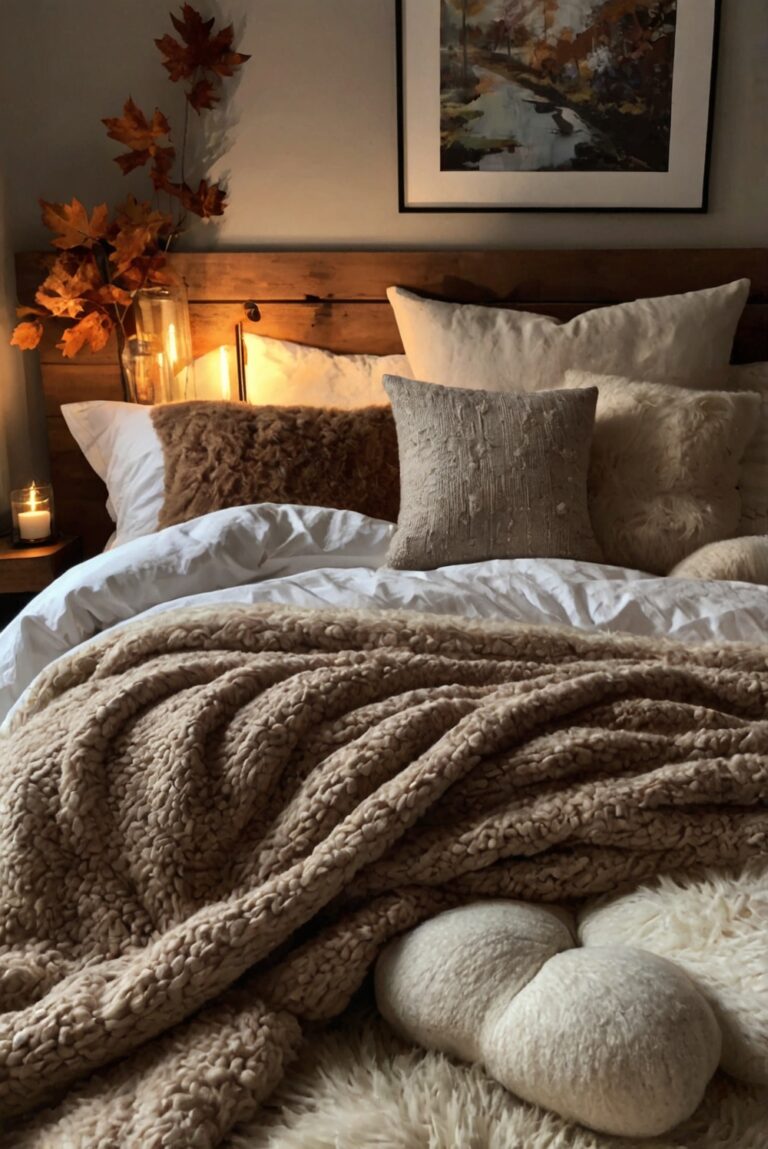 fall bedroom decor, cozy bedroom design, autumn home accessories, luxury bed linens, elegant bedroom furniture