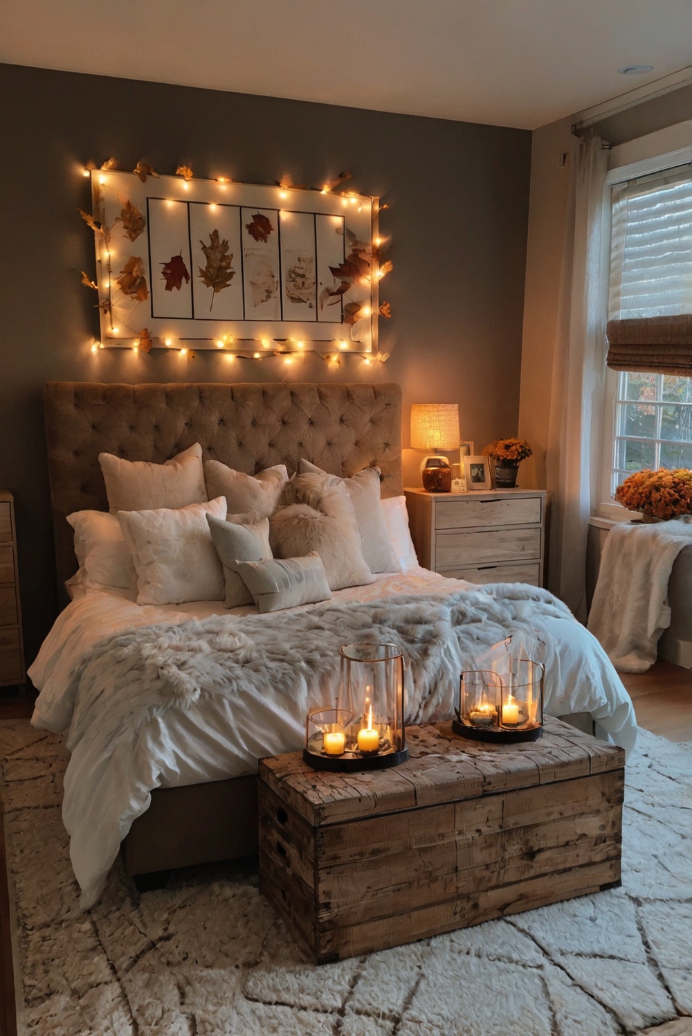 Fall bedroom decor, cozy bedroom essentials, luxury bedding sets, plush throw blankets, warm bedroom lighting