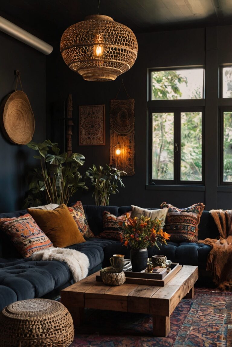 Boho living room decor, Bohemian interior design, Dark color scheme, Eclectic home decor, Bold patterned textiles