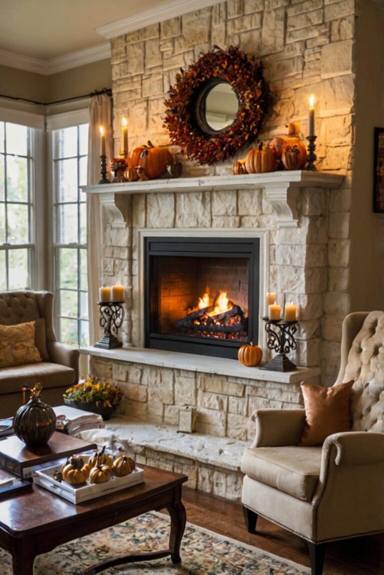 fall mantel decor, fireplace mantel ideas, autumn fireplace decorations, cozy fireplaces, rustic mantel design