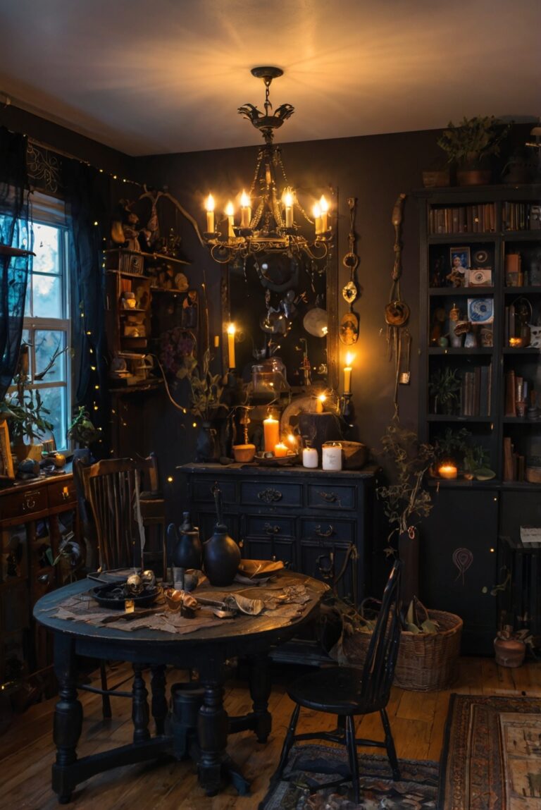 witchy home decor, gothic interior design, mystical room accessories, dark bohemian furnishings, occult inspired decorations