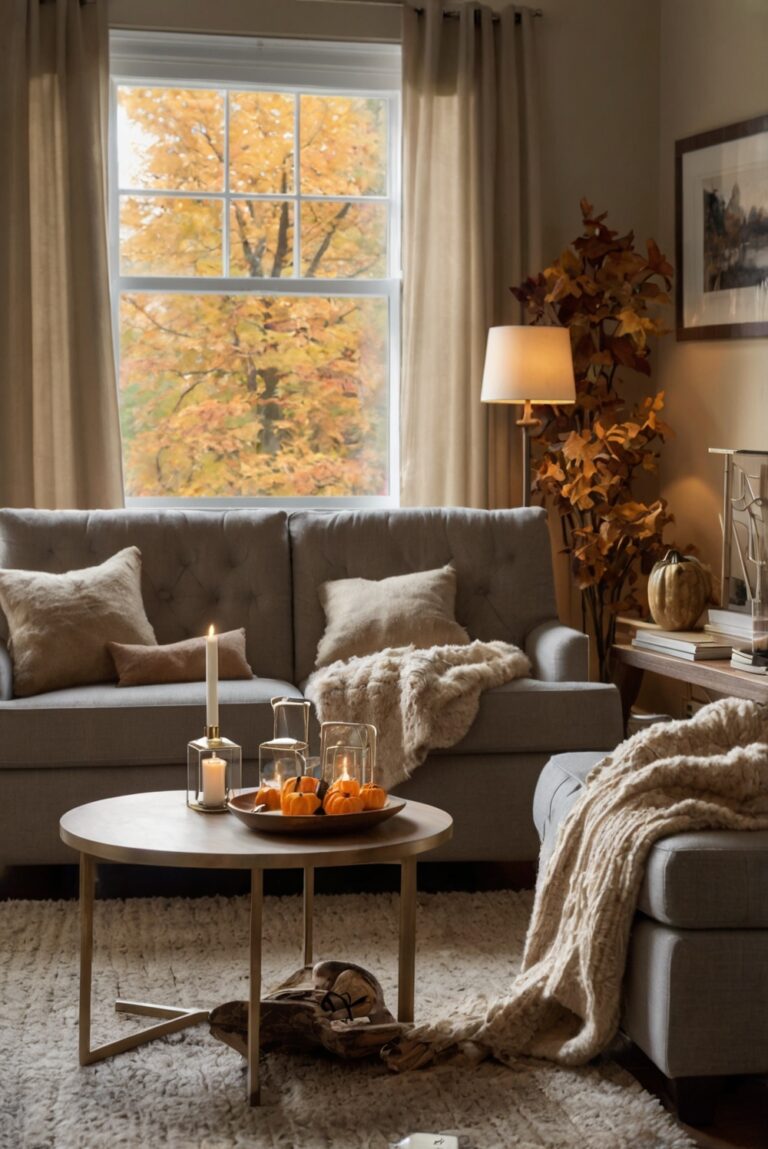 Fall home decor, Living room decor, Seasonal decorations, Cozy autumn accents, Elegant fall design