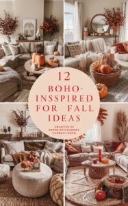 fall boho decor, cozy bohemian living room, autumn boho style, boho chic home, rustic boho design