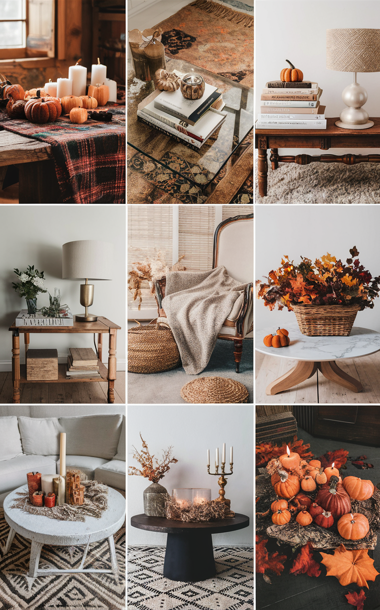 coffee table styling, fall decor, home accents, cozy living room, autumn decorations