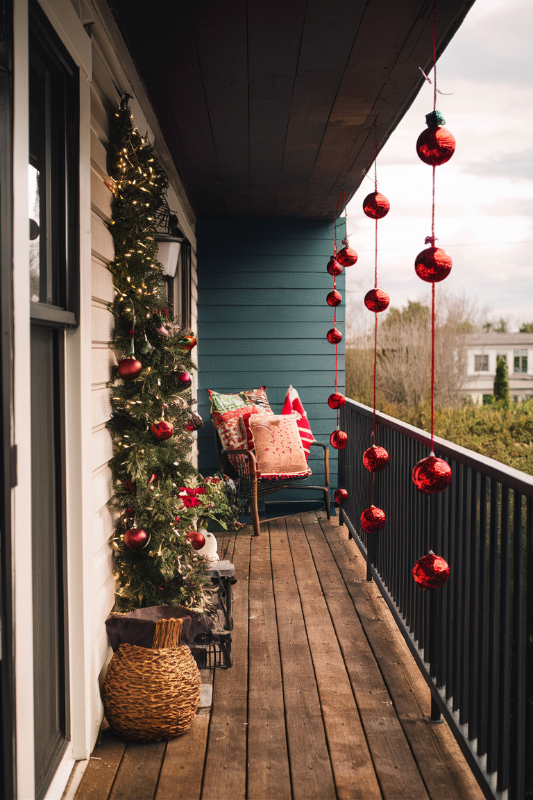 hanging ornaments, outdoor decor, balcony decoration, creative display, festive balcony