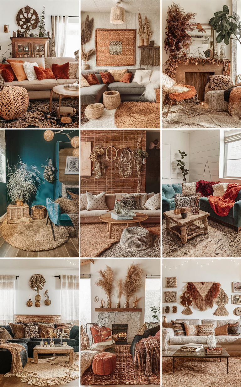 vibrant boho living room decor, bohemian home design, fall living room ideas, boho interior trends, cozy boho living room