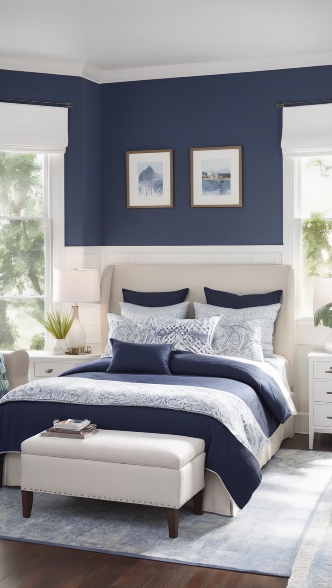 Navy blue bedroom decor, Navy blue paint for bedroom, Navy blue bedroom decorating ideas, Navy blue bedroom accessories, Navy blue master bedroom