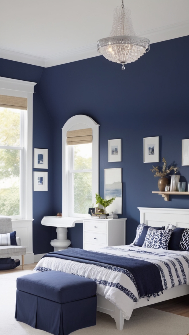 Navy blue bedroom decor, Navy blue paint for bedroom, Navy blue bedroom decorating ideas, Navy blue bedroom accessories, Navy blue master bedroom