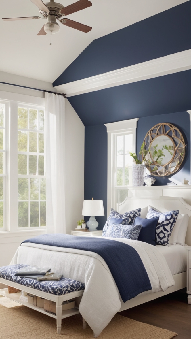 navy blue bedding, navy and white decor, navy blue curtains, navy and white wallpaper, navy blue throw pillow