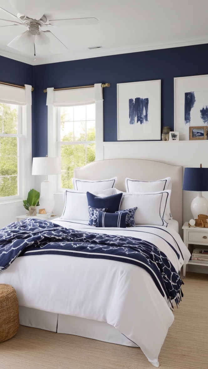 navy blue bedding, navy and white decor, navy blue curtains, navy and white wallpaper, navy blue throw pillow