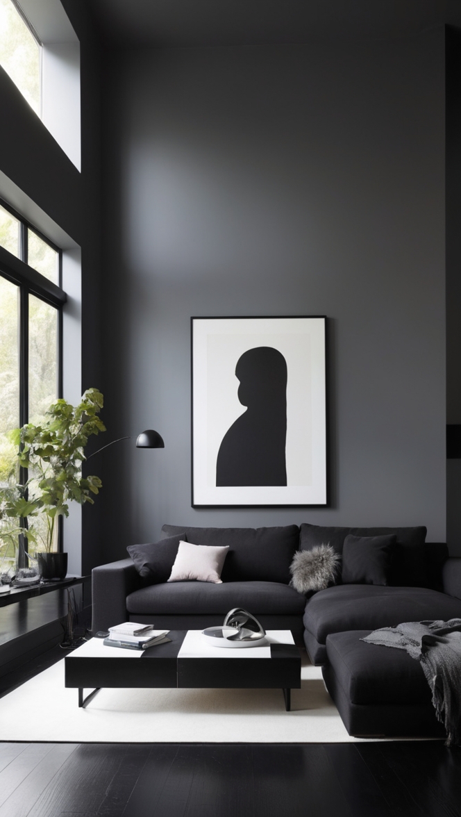 black living room decor, minimalist furniture, modern minimalist design, dark interior design, contemporary home decor