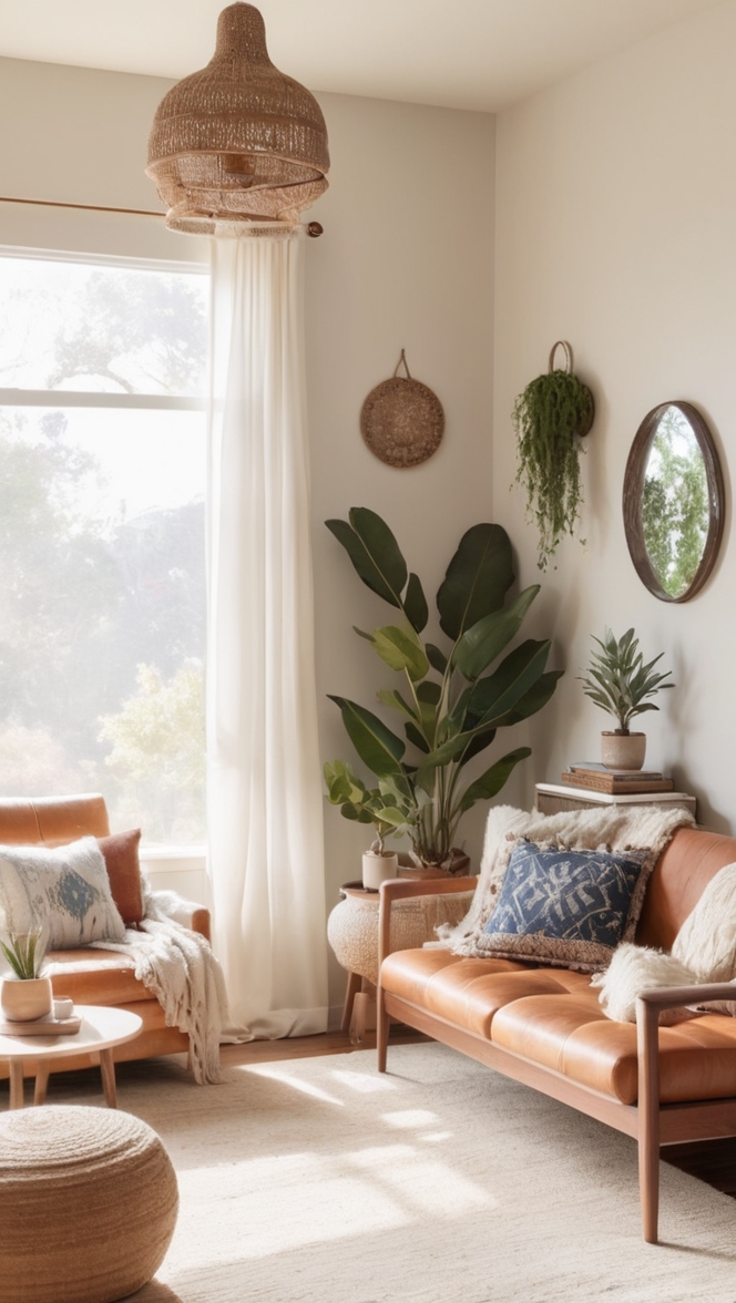 boho chic decor, boho interior design, modern boho living room, boho home accents, minimalist boho style