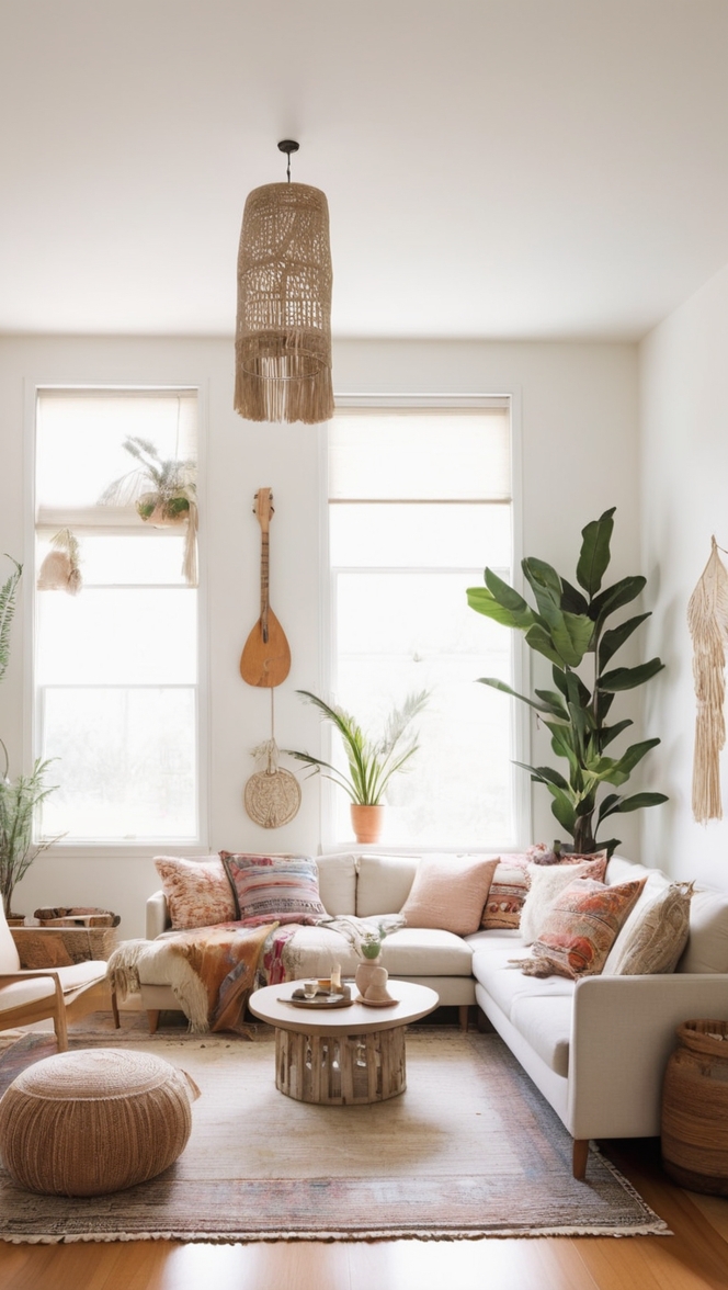 boho chic decor, boho style furniture, neutral color palette, minimalist home design, modern bohemian living