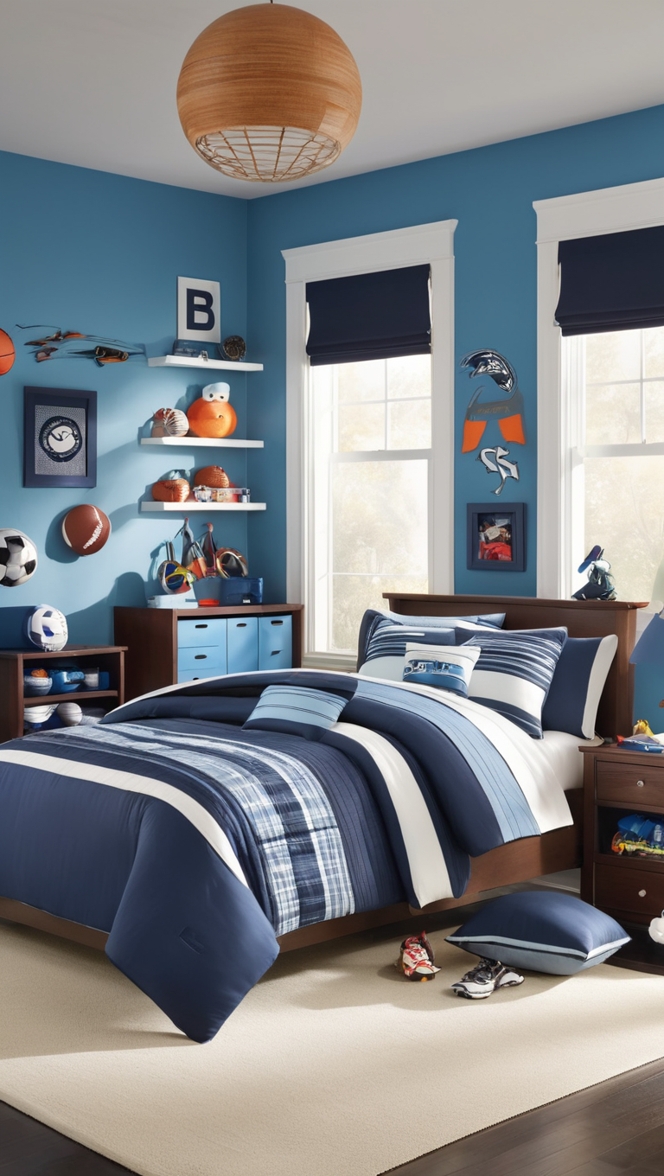 sports-themed bedroom decor, boys bedroom furniture, sports-themed bedding, athletic room decorations, sports-themed wall art