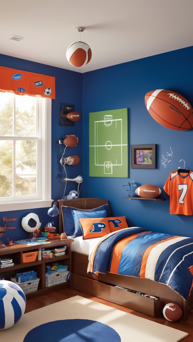 sports-themed bedroom decor, boys bedroom furniture, sports-themed bedding, athletic room decorations, sports-themed wall art