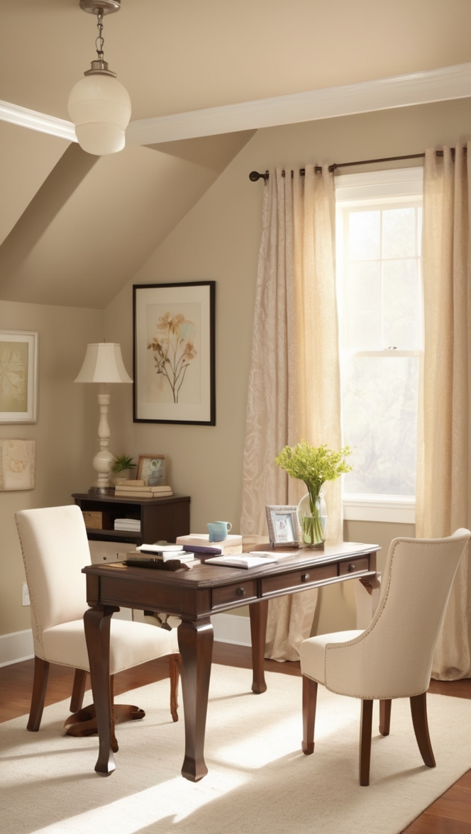 cozy home office design, neutral office decor, professional home office setup, elegant office furniture, chic home office space