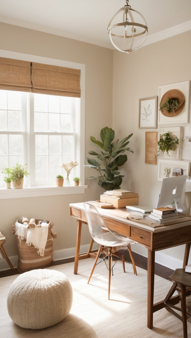cozy home office design, neutral office decor, professional home office setup, elegant office furniture, chic home office space