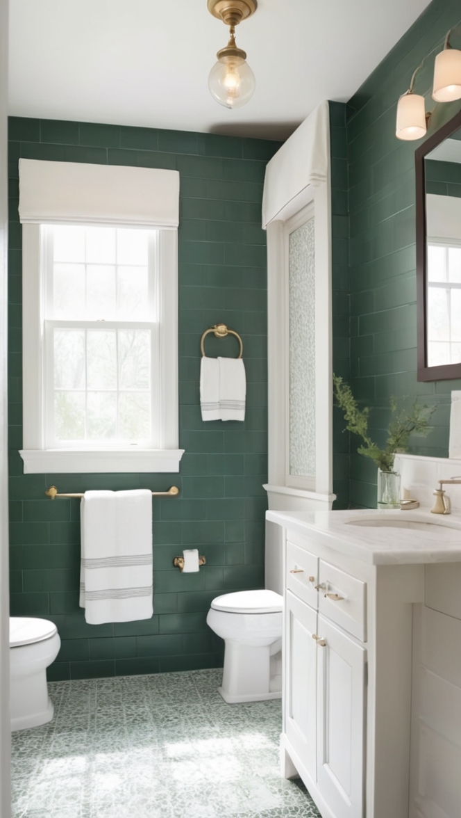 dark green bathroom, green bathroom tiles, dark green tiles, bathroom tile ideas, green mosaic tiles