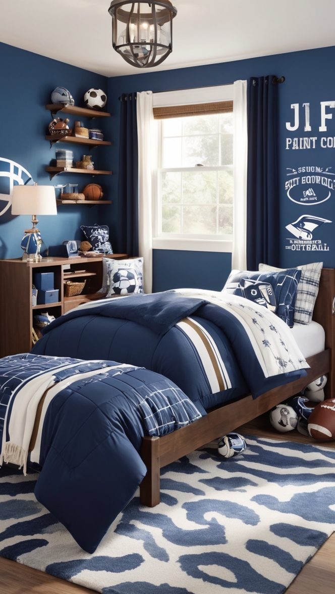 football themed bedroom, boys sports room, soccer decor, sports bedding, football wall decals