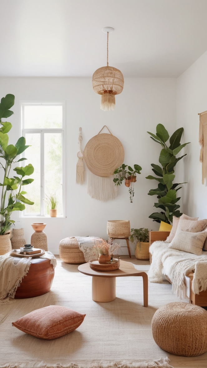 bohemian decor, modern boho, minimalistic design, boho-inspired, chic living room