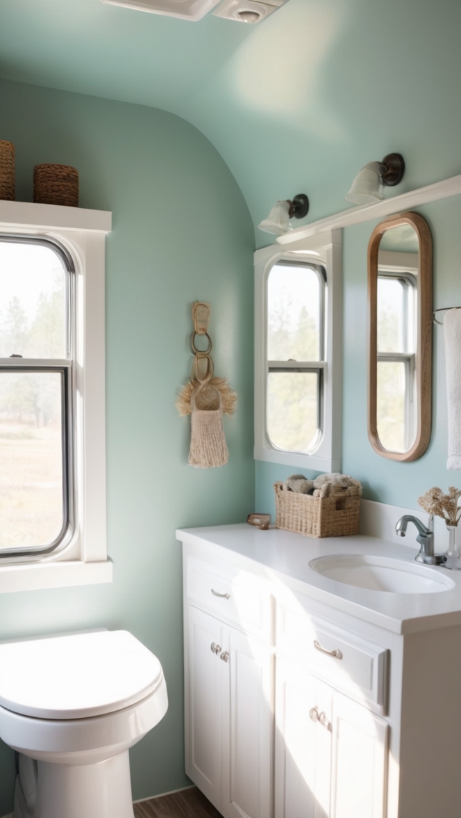 small bathroom renovation, camper bathroom ideas, space-saving bathroom remodel, RV bathroom makeover, compact bathroom design