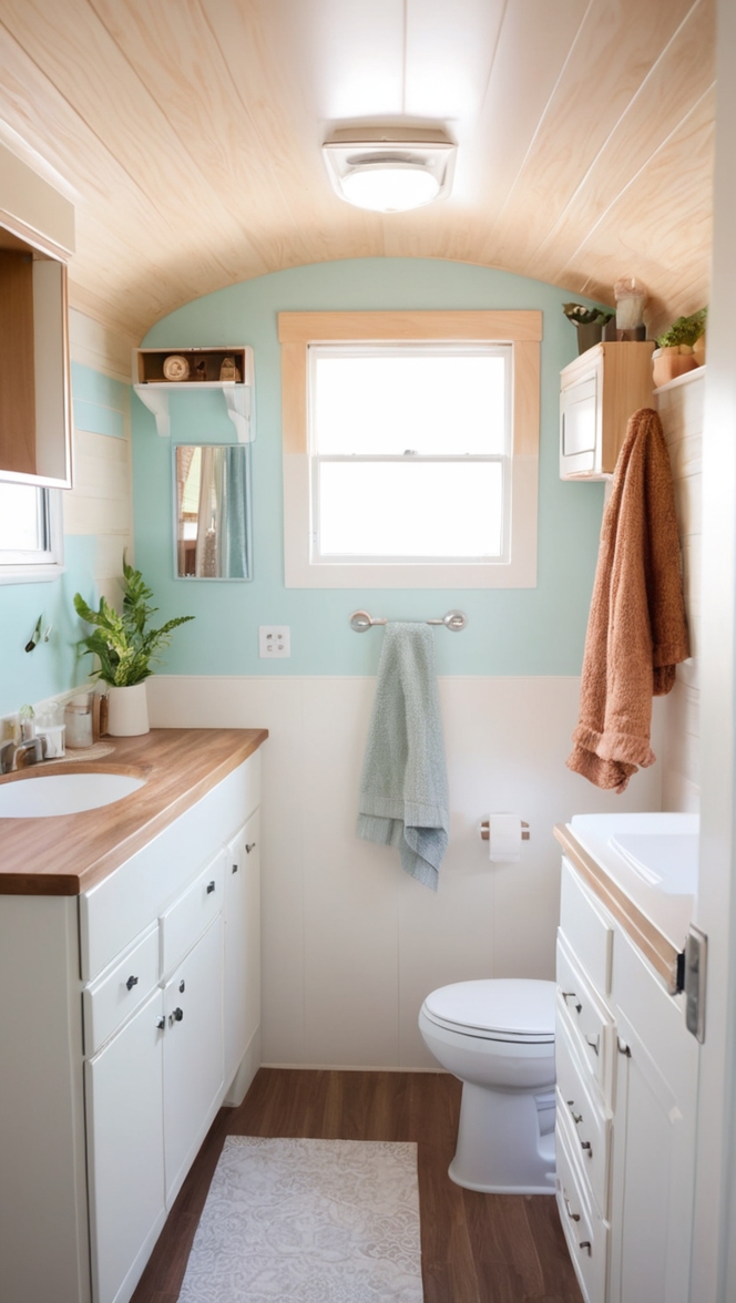 small bathroom renovation, camper bathroom ideas, space-saving bathroom remodel, RV bathroom makeover, compact bathroom design