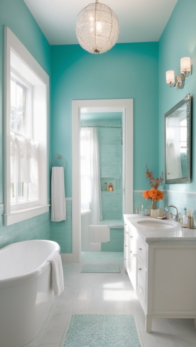 turquoise bathroom, turquoise tile, blue green tile, azure bathroom, aquamarine tile