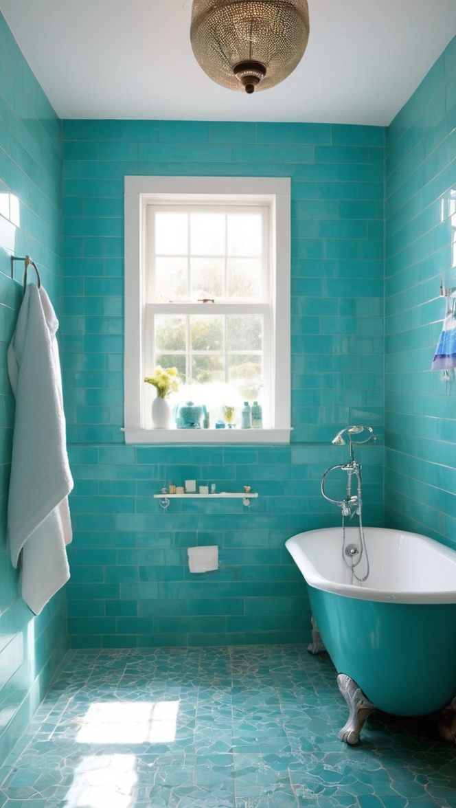 turquoise bathroom, turquoise tile, blue green tile, azure bathroom, aquamarine tile