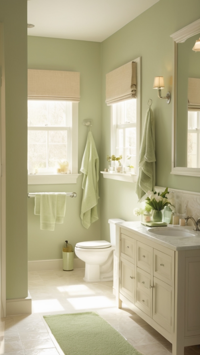 beige bathroom decor, green bathroom tiles, neutral bathroom colors, earthy bathroom design, natural bathroom theme