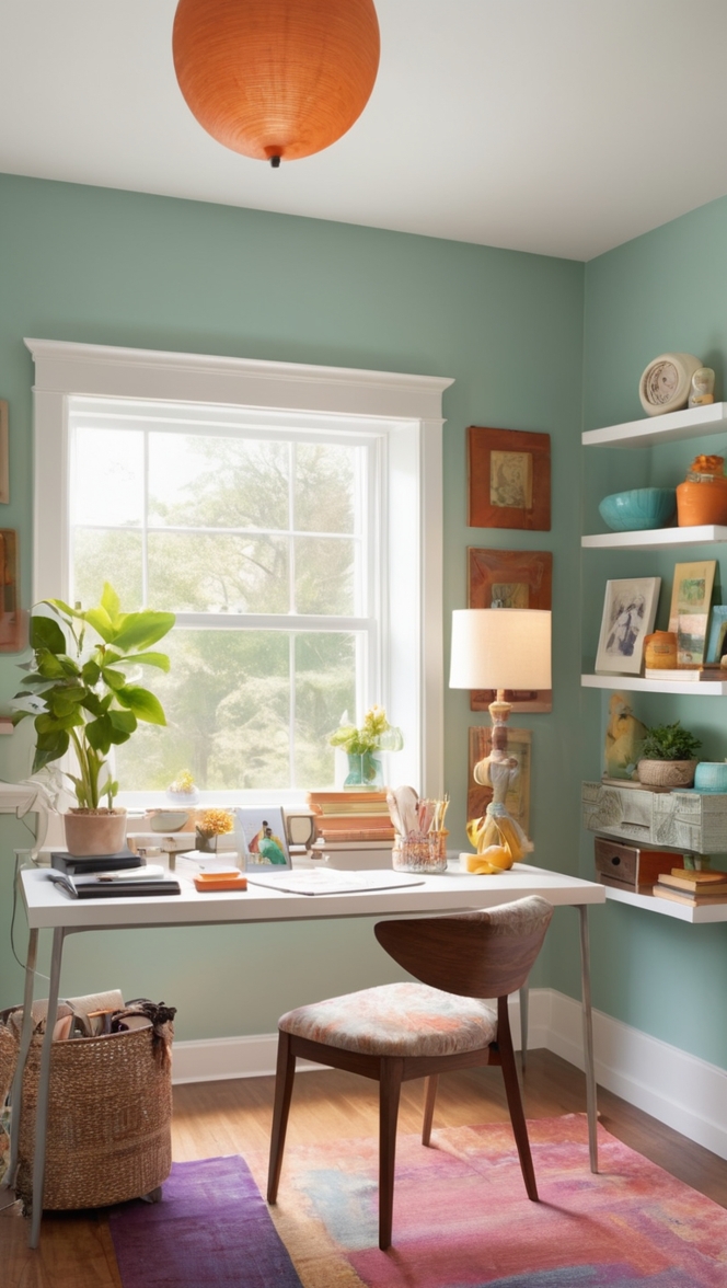 cozy home office decor, eclectic office design, rustic home office ideas, modern bohemian workspace, vintage office furniture