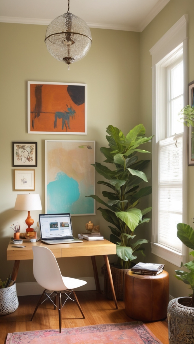 cozy home office decor, eclectic office design, rustic home office ideas, modern bohemian workspace, vintage office furniture