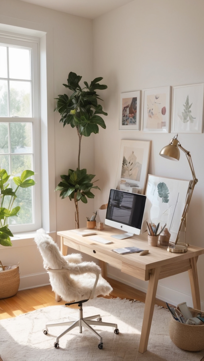 cozy home office decor, stylish home office setup, comfortable work from home, chic desk organization, modern professional workspace