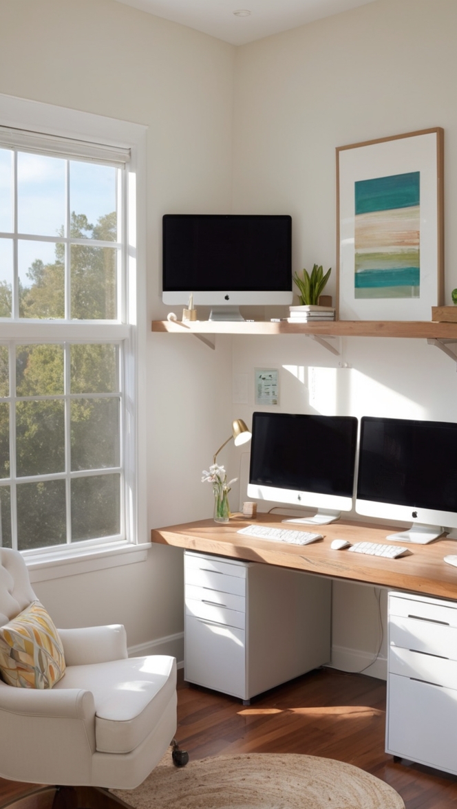 dual monitor setup, home office desk, office decor, computer monitor stand, workspace organization