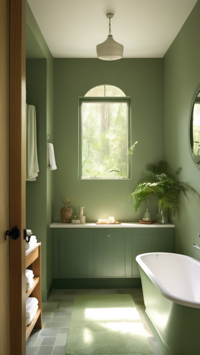 green bathroom decor, forest green tile, woodland bathroom design, botanical bathroom theme, emerald bathroom accessories