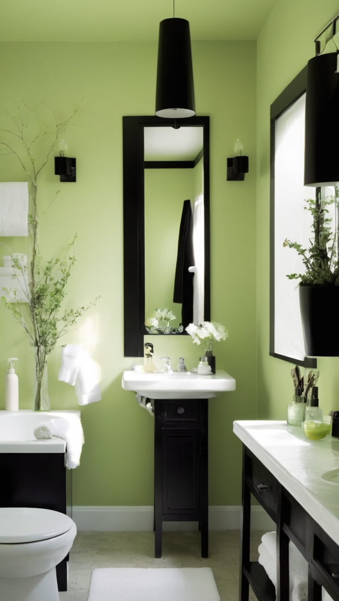 green bathroom tiles, black bathroom accessories, green and black shower curtain, black and green bathroom decor, green and black bathroom ideas
