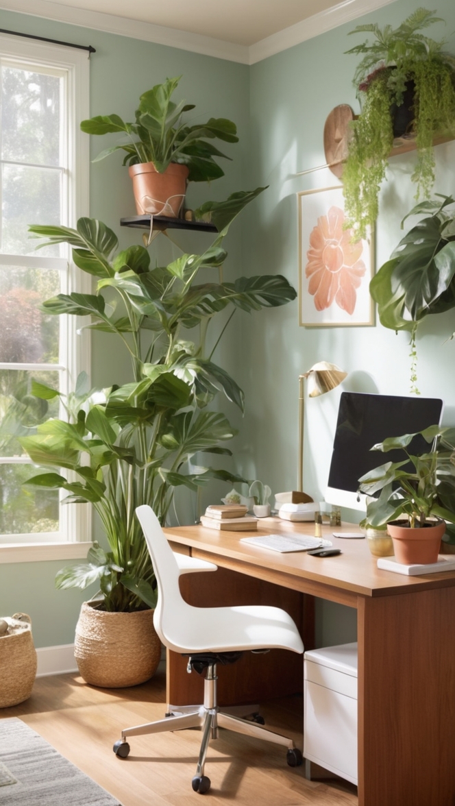 home office plants, office decor plants, indoor office plants, botanical office decor, plant themed office