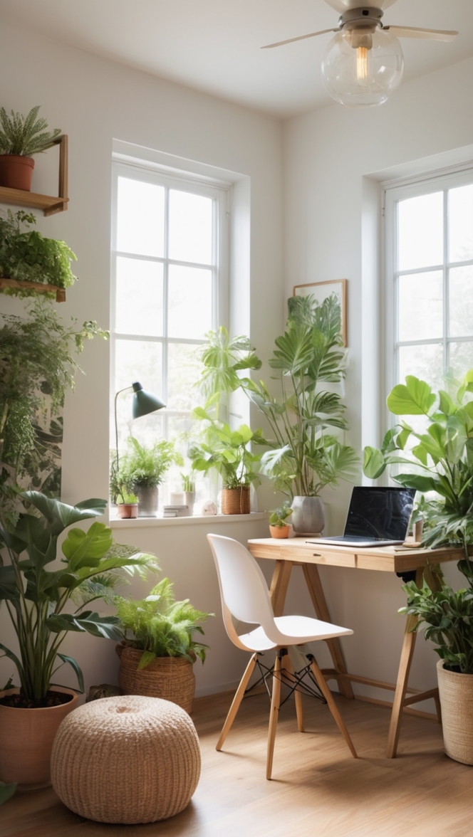 home office plants, office decor plants, indoor office plants, botanical office decor, plant themed office