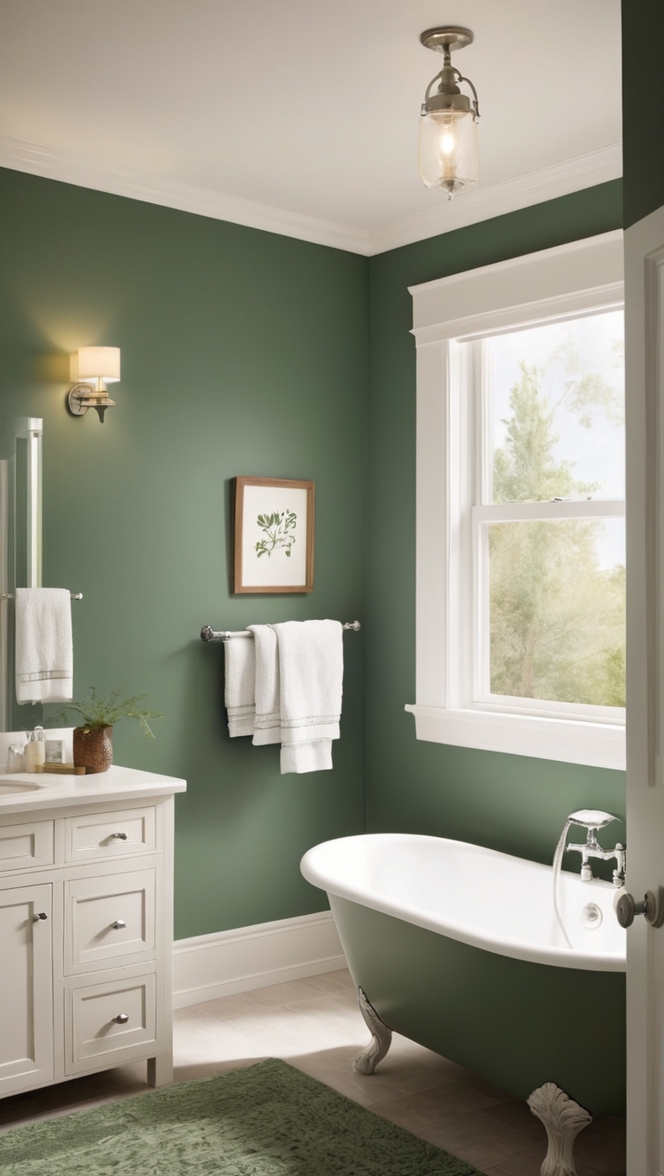 green bathroom ideas, hunter green paint, bathroom decor, green bathroom accessories, bathroom renovation