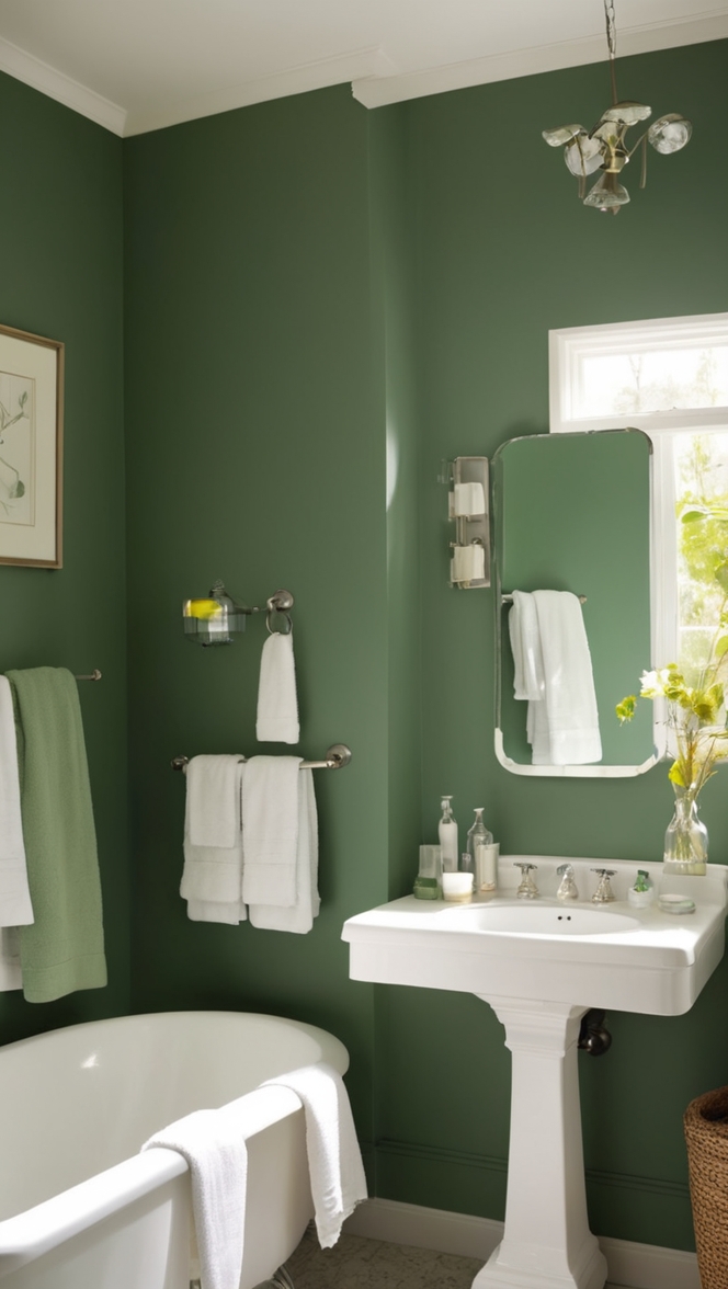 green bathroom ideas, hunter green paint, bathroom decor, green bathroom accessories, bathroom renovation