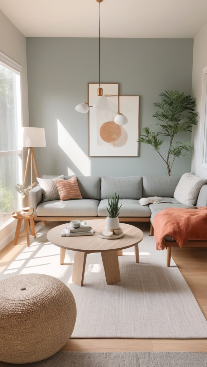 minimalist interior design, neutral color palette, Scandinavian furniture, organic materials, cozy decor