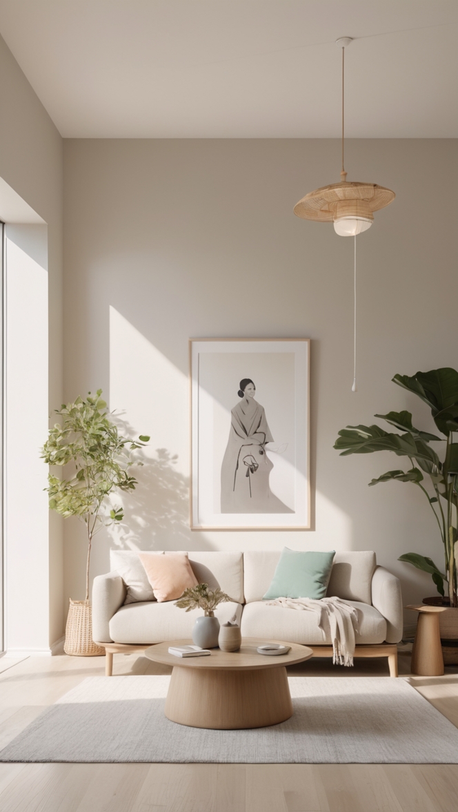 minimalist interior design, neutral color palette, Scandinavian furniture, organic materials, cozy decor