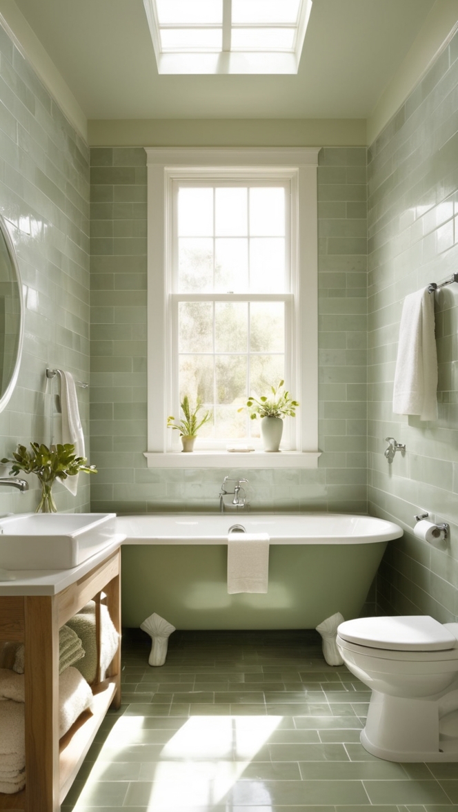 sage green tiles, bathroom renovation, tile installation, green home decor, high-quality bathroom tiles