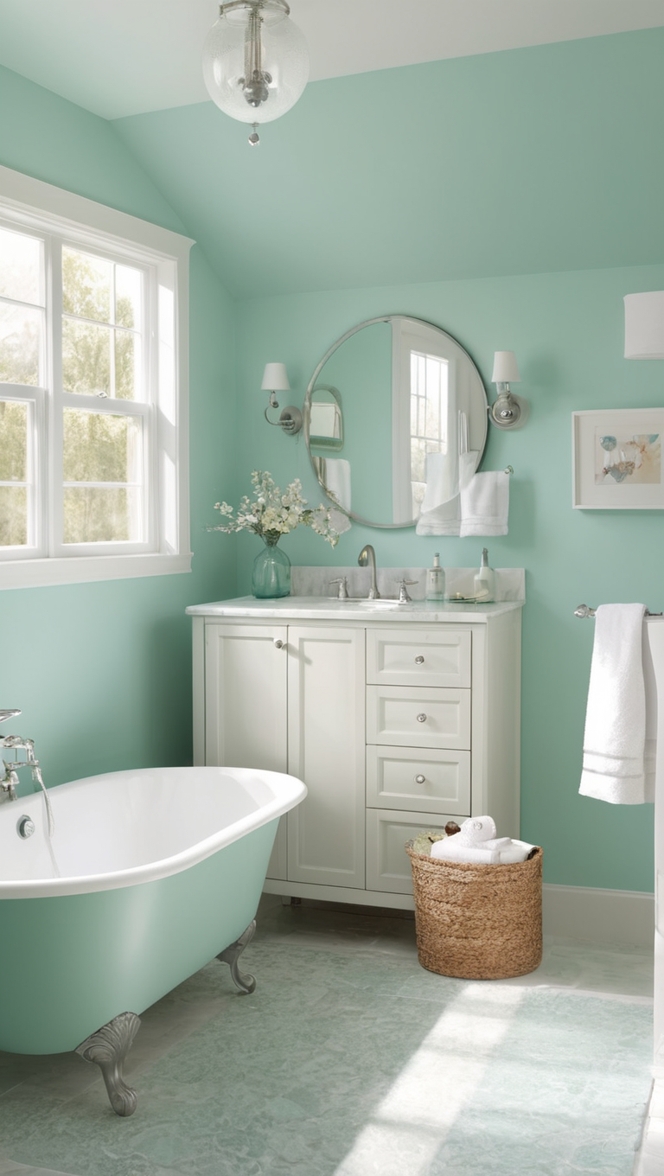 seafoam green paint, seafoam green sink, seafoam green tiles, seafoam green decor, seafoam green shower