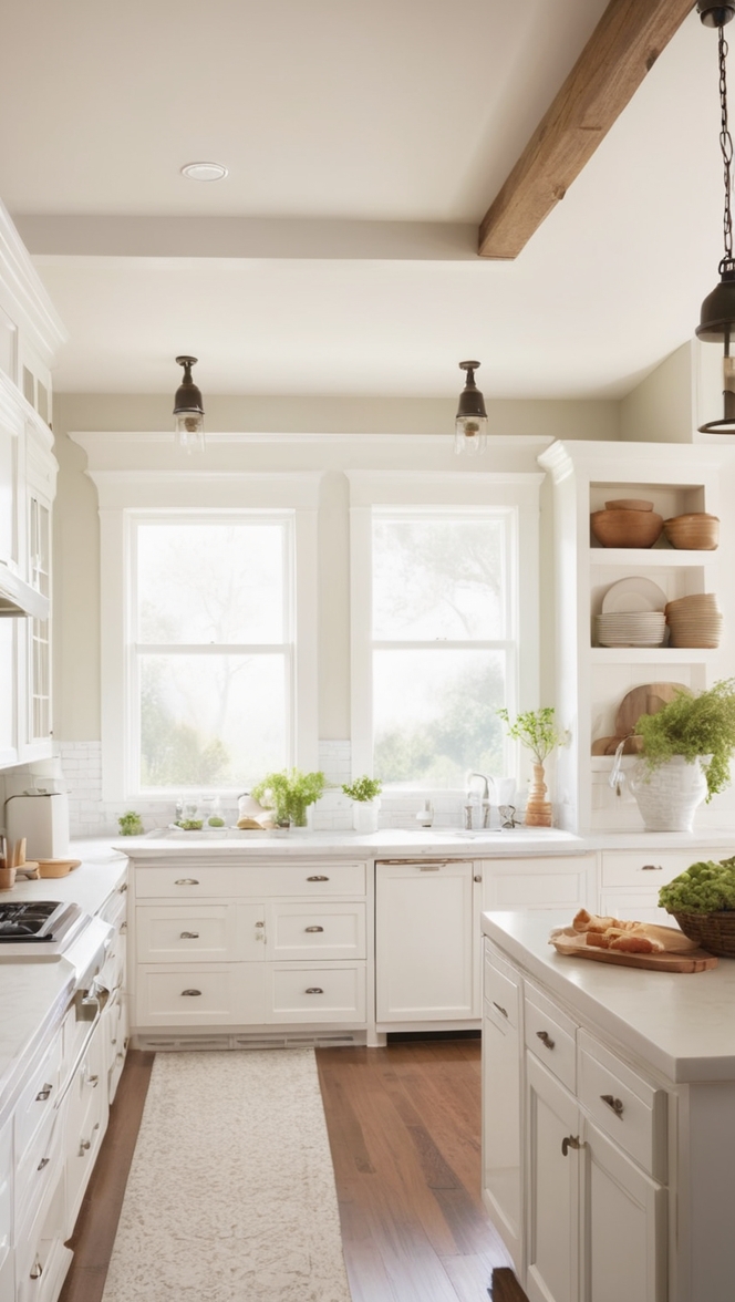 white shaker cabinets, farmhouse sink, marble countertops, open shelving, pendant lighting