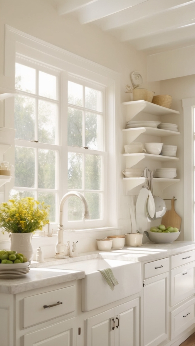 white shaker cabinets, farmhouse sink, marble countertops, open shelving, pendant lighting