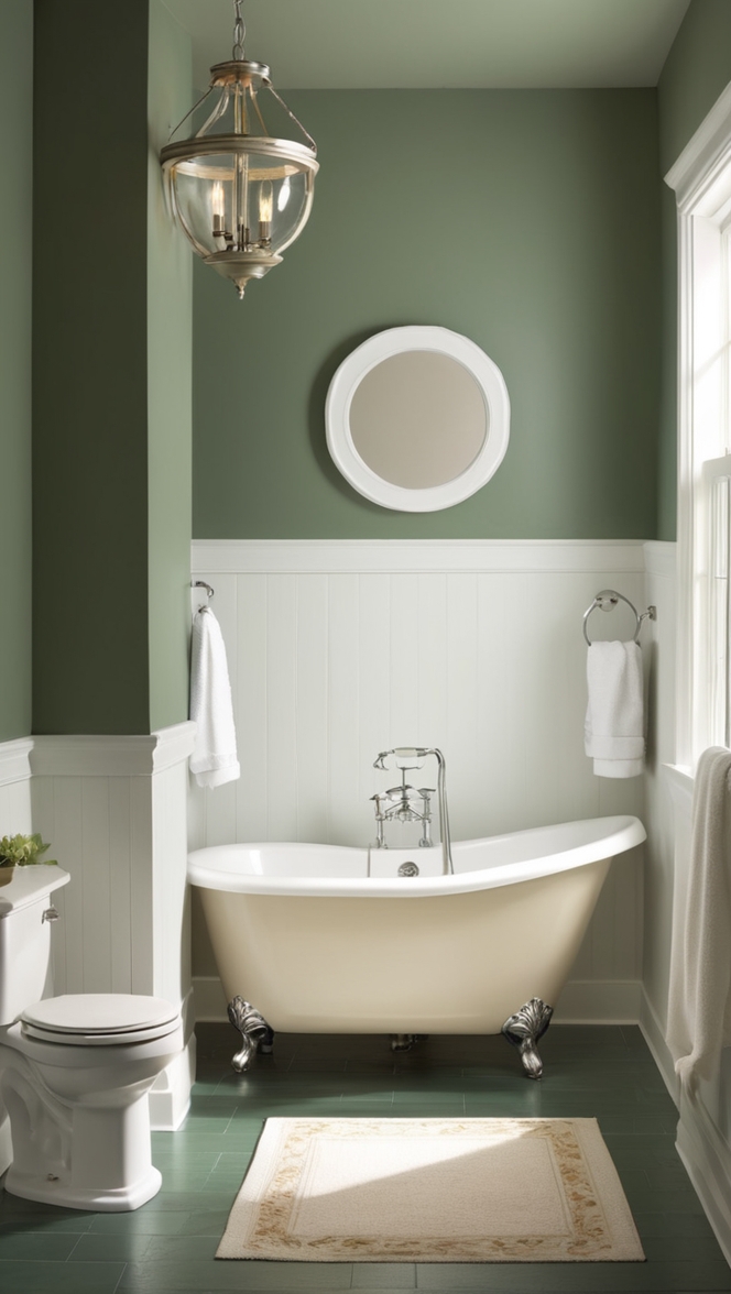 dark green tiles, dark green wallpaper, emerald green bathroom, forest green decor, sage green paint
